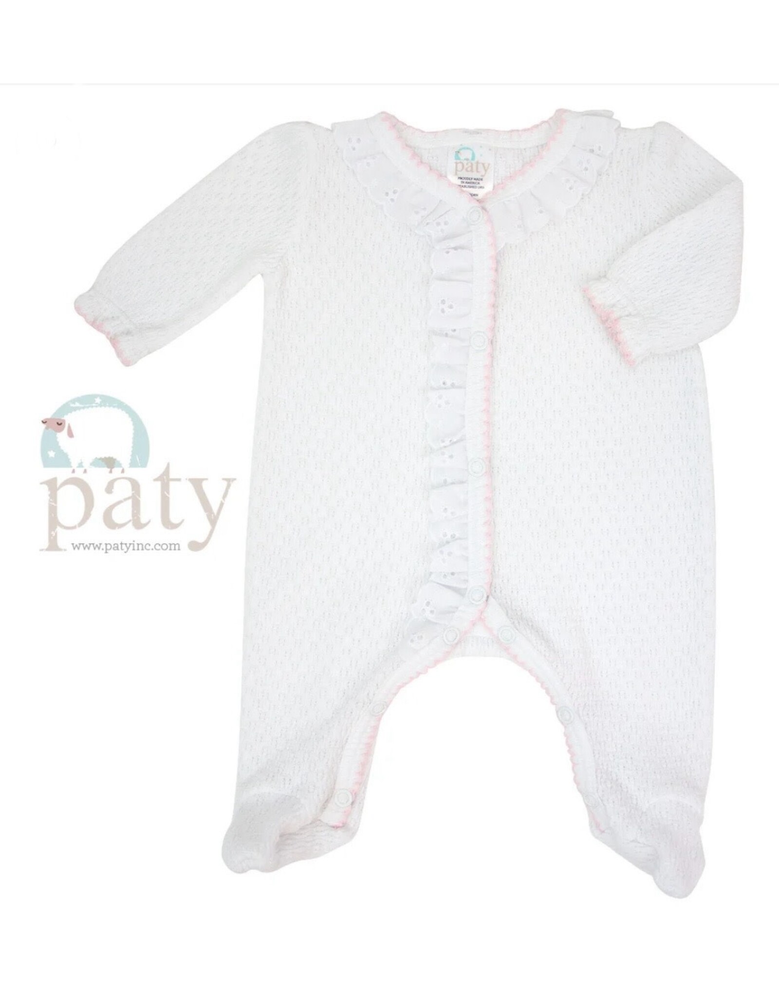 Paty Inc. Paty Inc- Eyelet & Puff Sleeve Newborn Footie w/Pink Trim