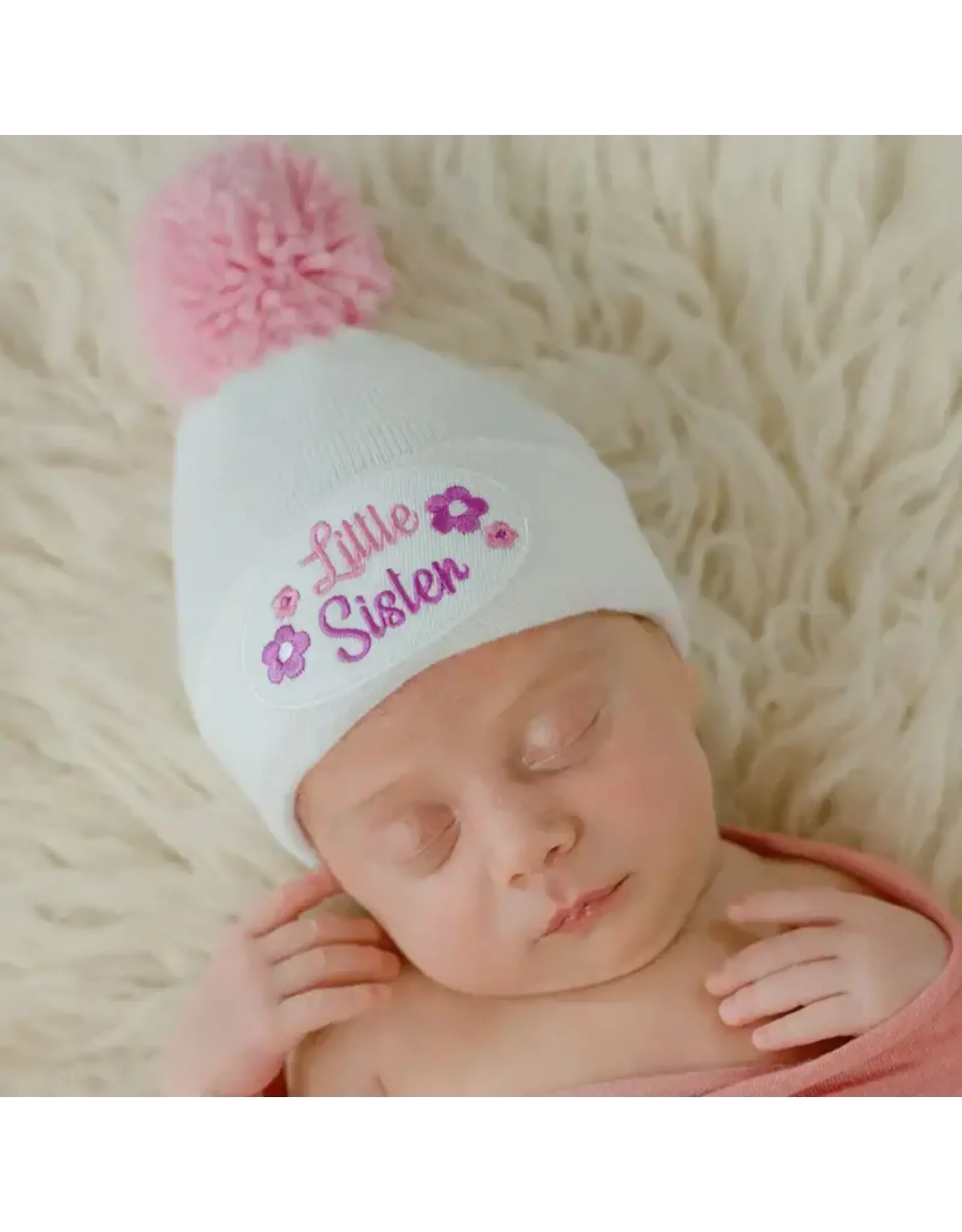 ILYBEAN Ilybean- Floral Little Sister with Pink Pom Pom Nursery Beanie