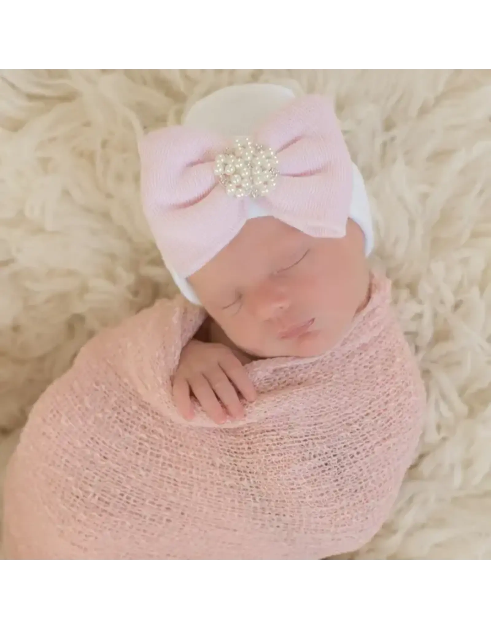 ILYBEAN Ilybean- White with Pink Bow and Rhinestone Pearl Nursery Beanie