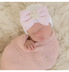 ILYBEAN Ilybean- White with Pink Bow and Rhinestone Pearl Nursery Beanie