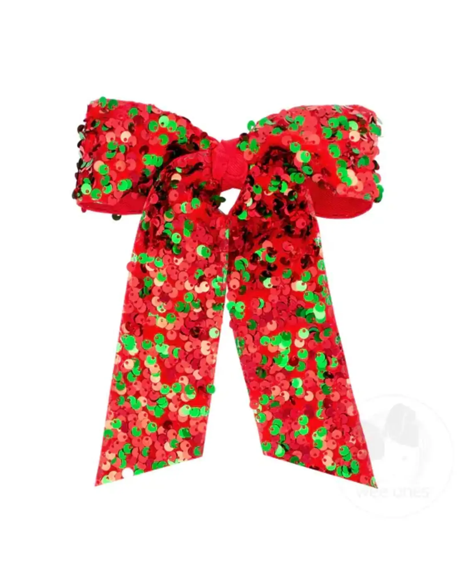 Wee Ones- Medium Red & Green Velvet Sequin Layered Bow w/ Tails