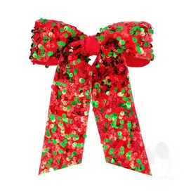 Wee Ones- Medium Red & Green Velvet Sequin Layered Bow w/ Tails