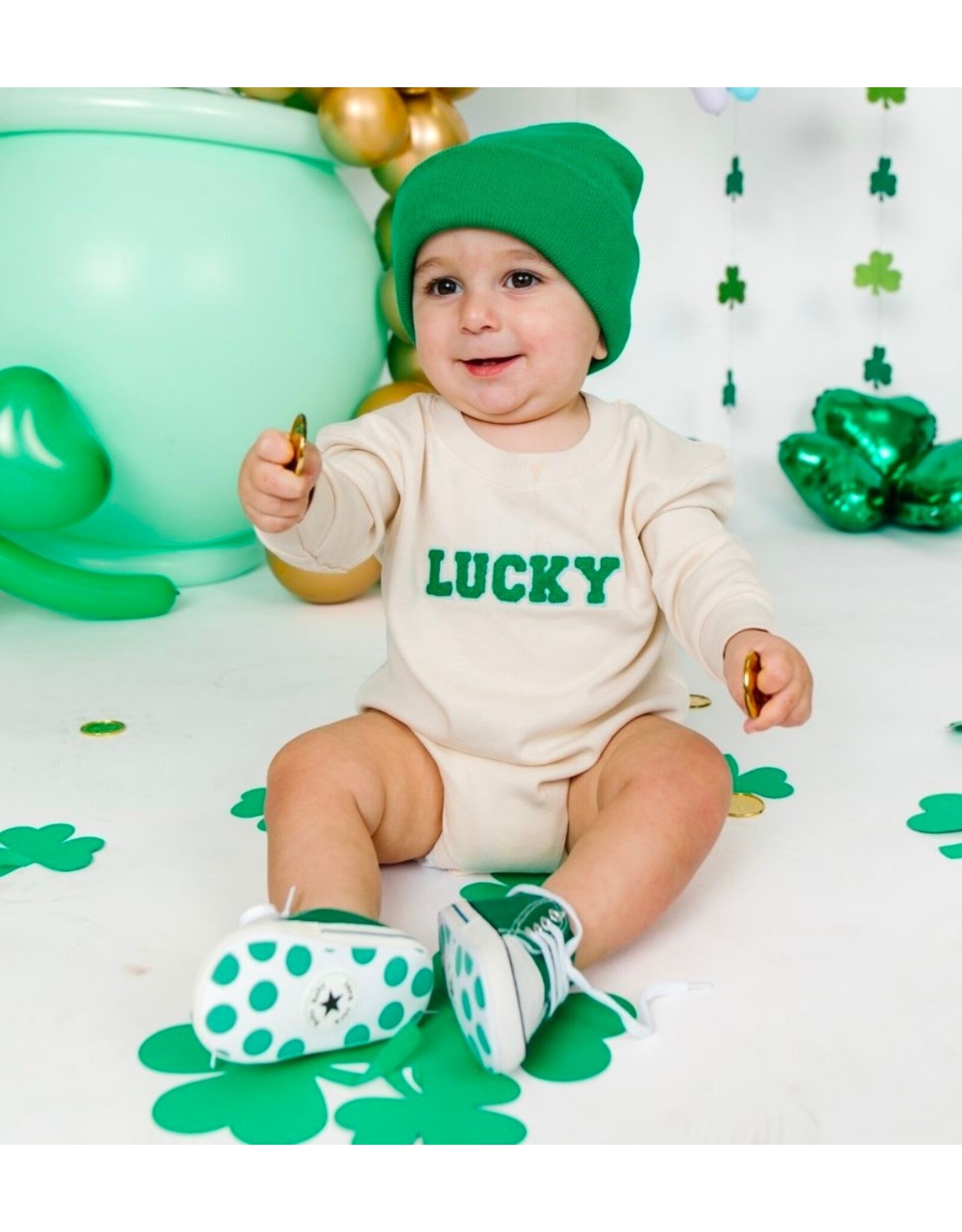 Sweet Wink- Lucky Varsity Patch St. Patrick's Day L/S Romper