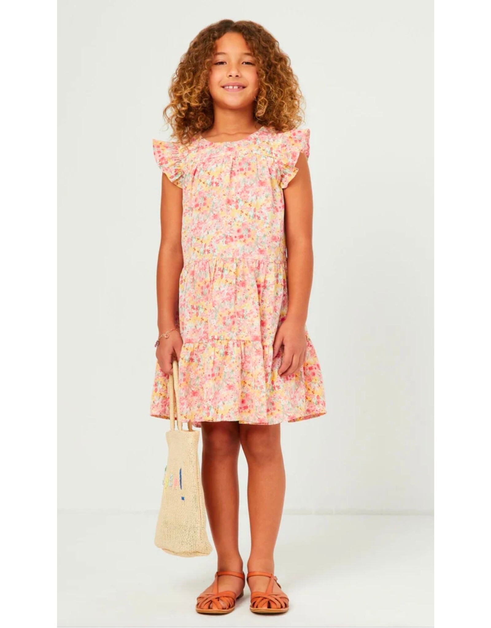 Hayden- Pink Floral Ruffle Sleeve Tiered Dress