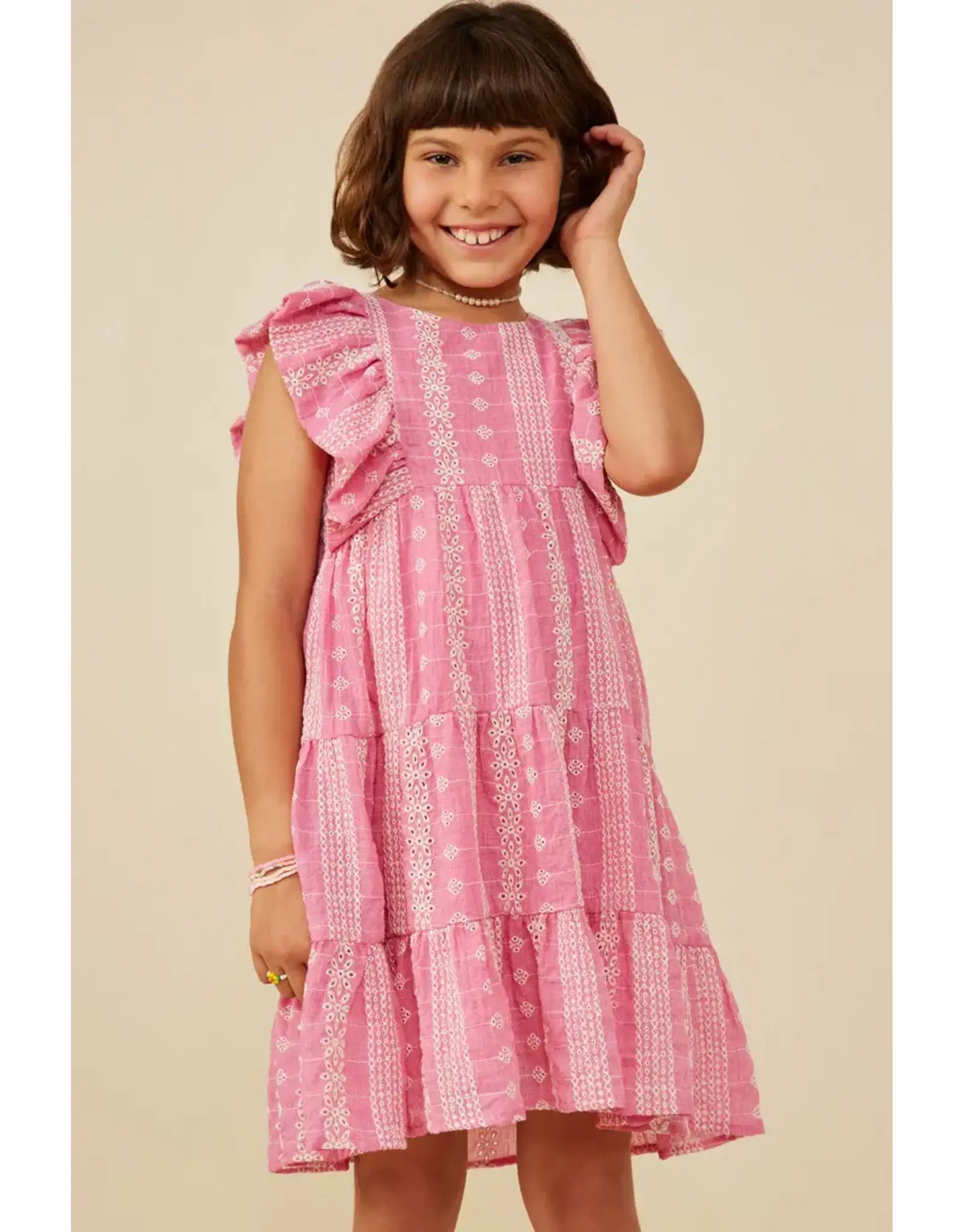 Hayden-  Pink Embroidered Ruffled Sleeveless Dress