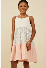 Hayden-  Cream Color Block Floral Detail Textured Dress