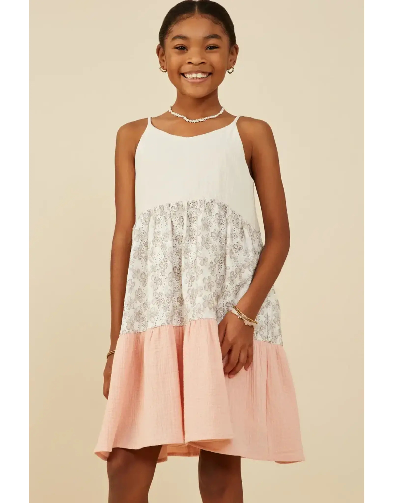 Hayden-  Cream Color Block Floral Detail Textured Dress