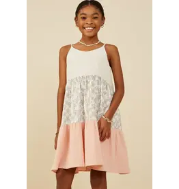 Hayden-  Cream Color Block Floral Detail Textured Dress