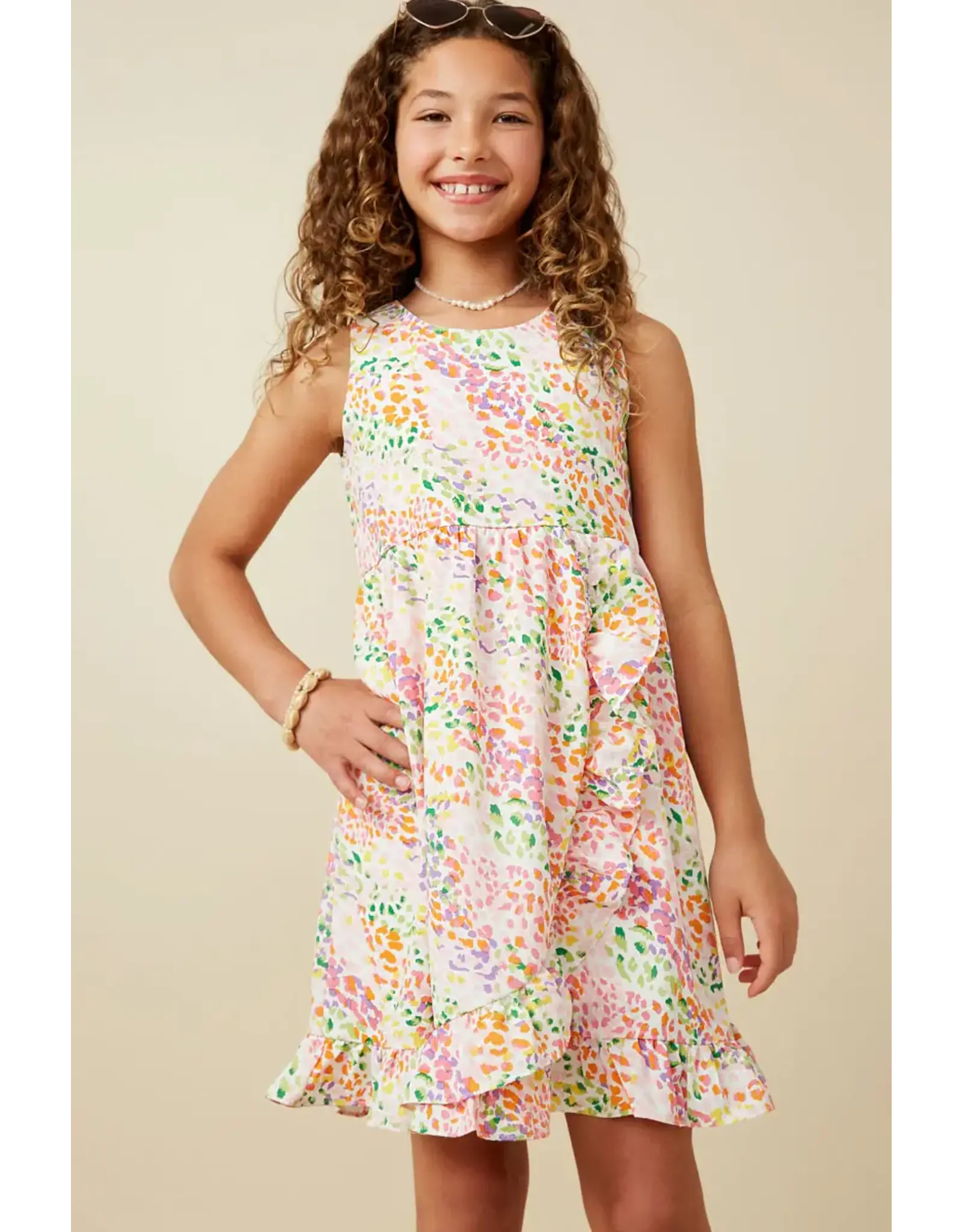 Hayden-  Pink Abstract Multi Color Dot Ruffled Tank Dress