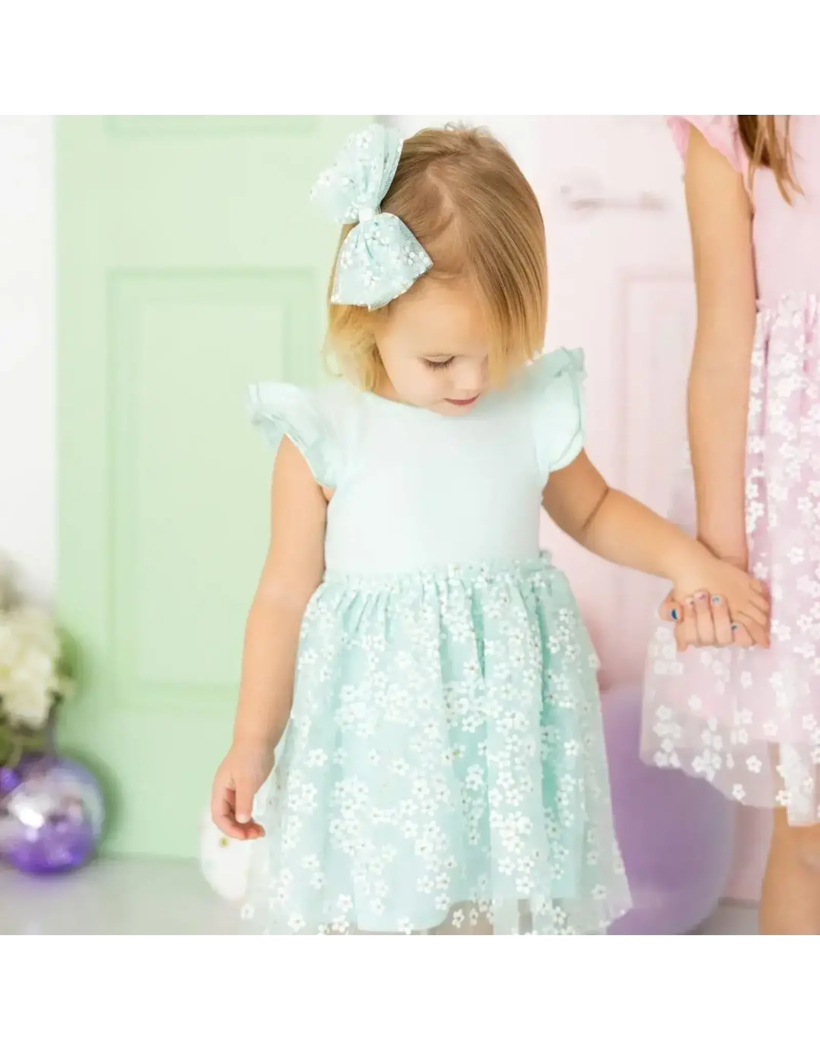 Sweet Wink- Aqua Ditsy Daisy Tulle Bow Clip