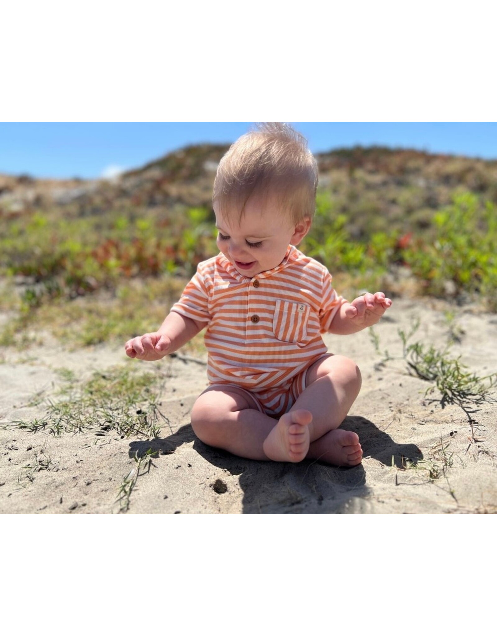 Me & Henry Me & Henry- Tangerine/Cream Striped Rib Camborne Henley Romper