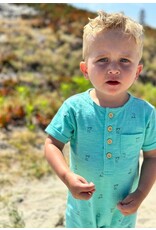 Me & Henry Me & Henry- Aqua Henry Print Martingale Henley Romper