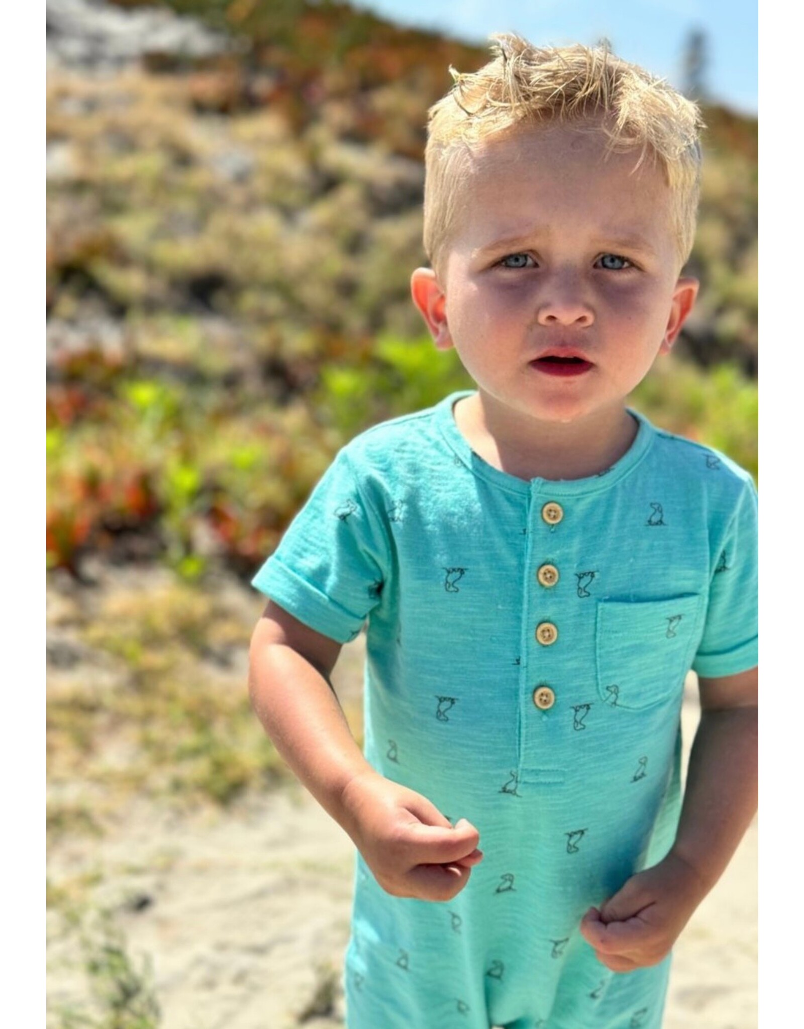 Me & Henry Me & Henry- Aqua Henry Print Martingale Henley Romper