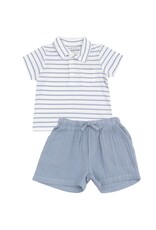 Angel Dear Angel Dear- French Stripe Dusty Blue Polo Shirt & Muslin Short