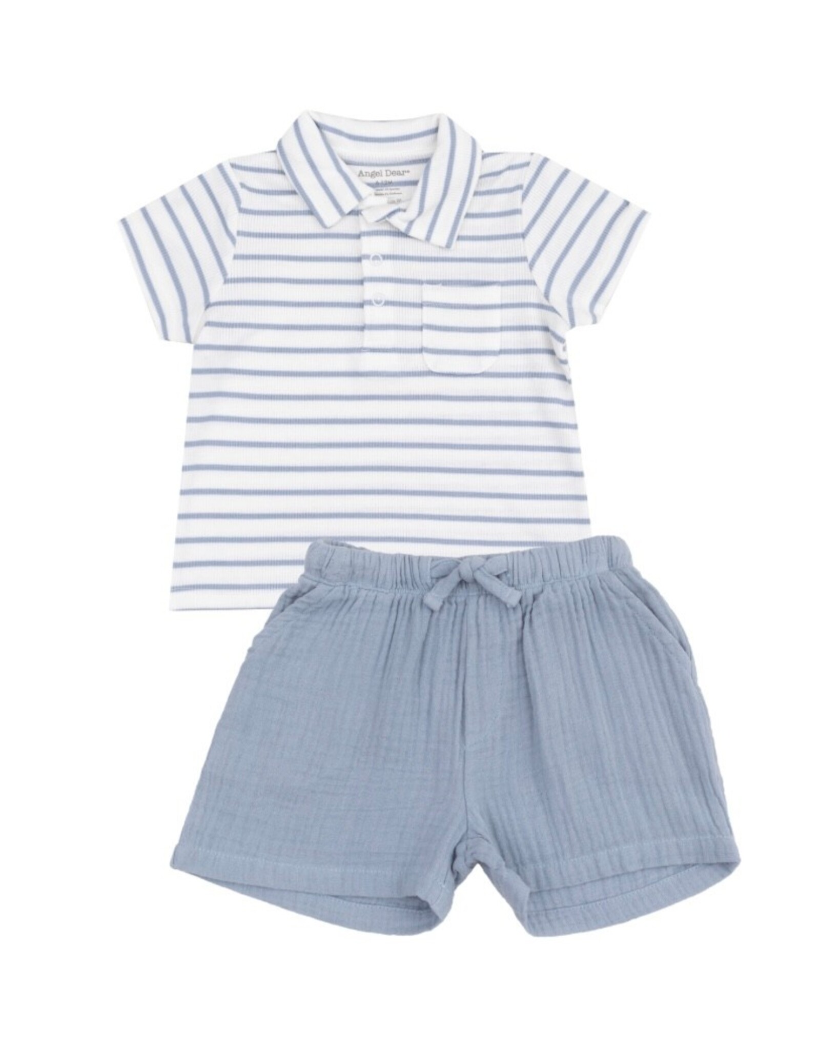 Angel Dear Angel Dear- French Stripe Dusty Blue Polo Shirt & Muslin Short