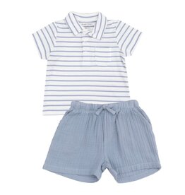 Angel Dear Angel Dear- French Stripe Dusty Blue Polo Shirt & Muslin Short