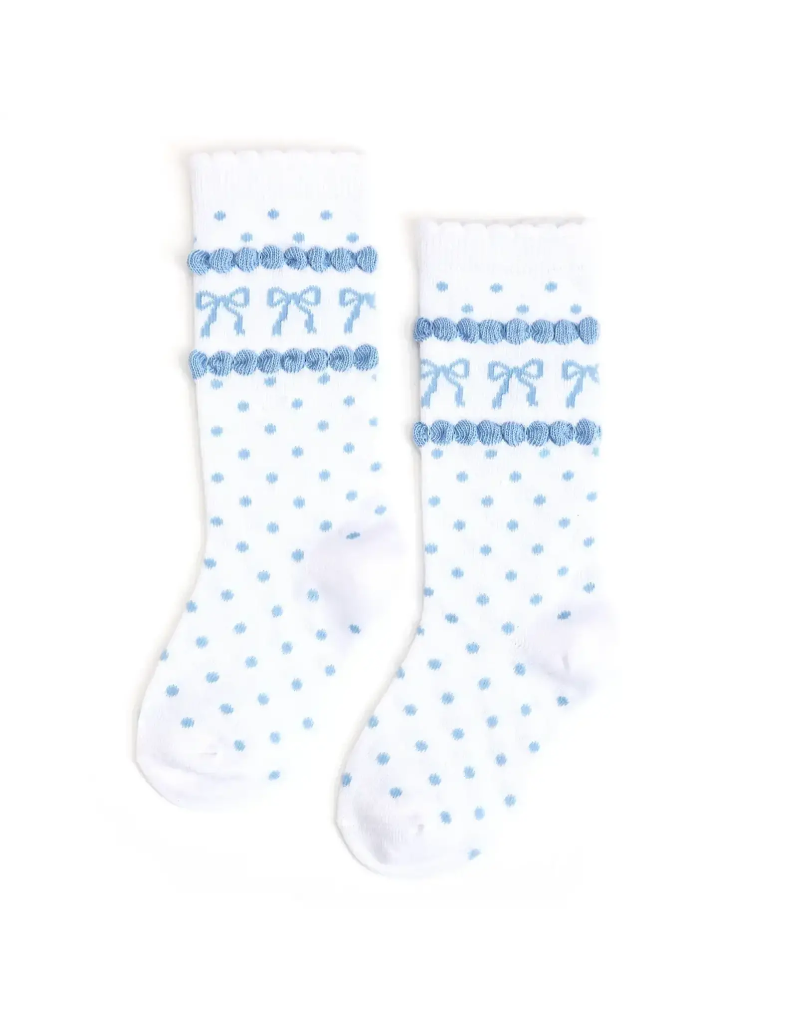 Little Stocking Co. Little Stocking- Blue Bow Scalloped Knee High Socks