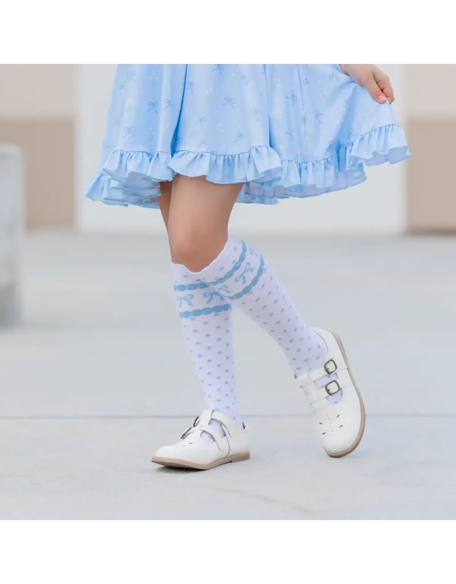 Little Stocking Co. Little Stocking- Blue Bow Scalloped Knee High Socks