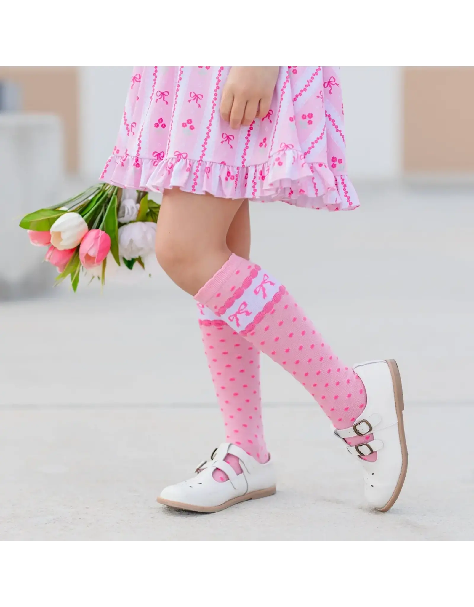 Little Stocking Co. Little Stocking- Pink Bow Scalloped Knee High Socks
