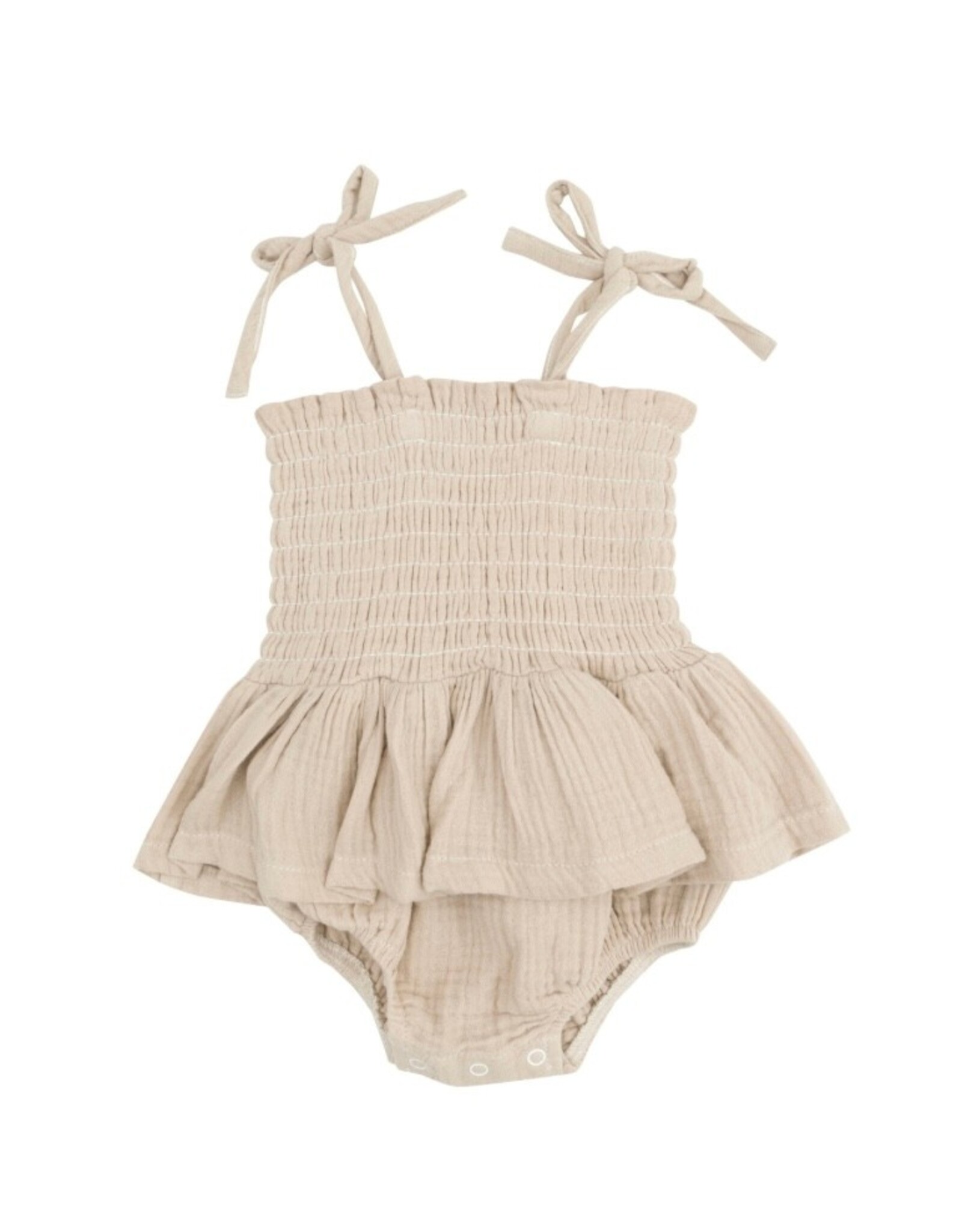 Angel Dear Angel Dear- Solid Muslin Oxford Tan Smocked Bubble W/Skirt