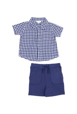 Angel Dear Angel Dear-Navy Gingham Button Down Polo Muslin W French Terry Shorts