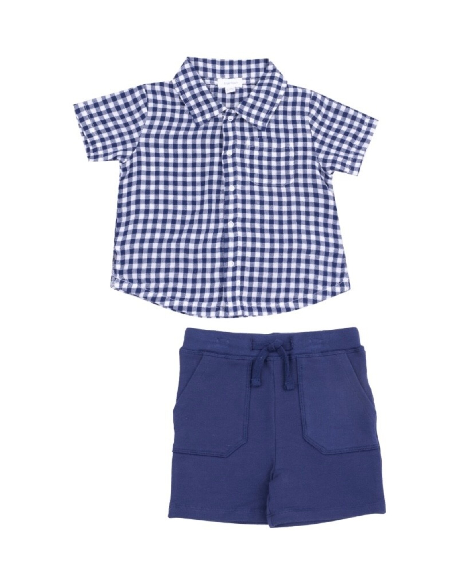 Angel Dear Angel Dear-Navy Gingham Button Down Polo Muslin W French Terry Shorts