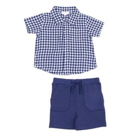 Angel Dear Angel Dear-Navy Gingham Button Down Polo Muslin W French Terry Shorts