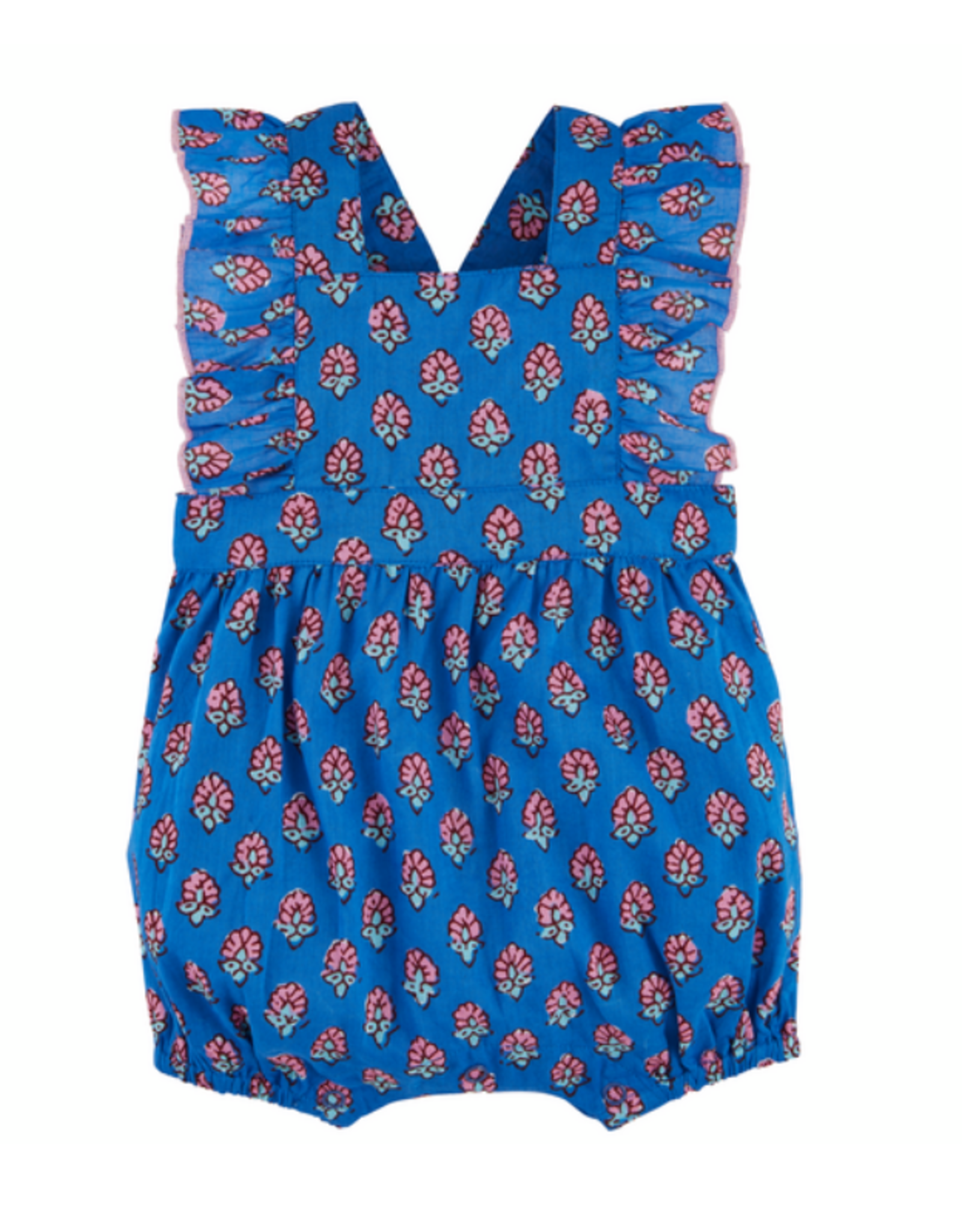 Mudpie Mud Pie- Ruffle Blue Block Print Romper