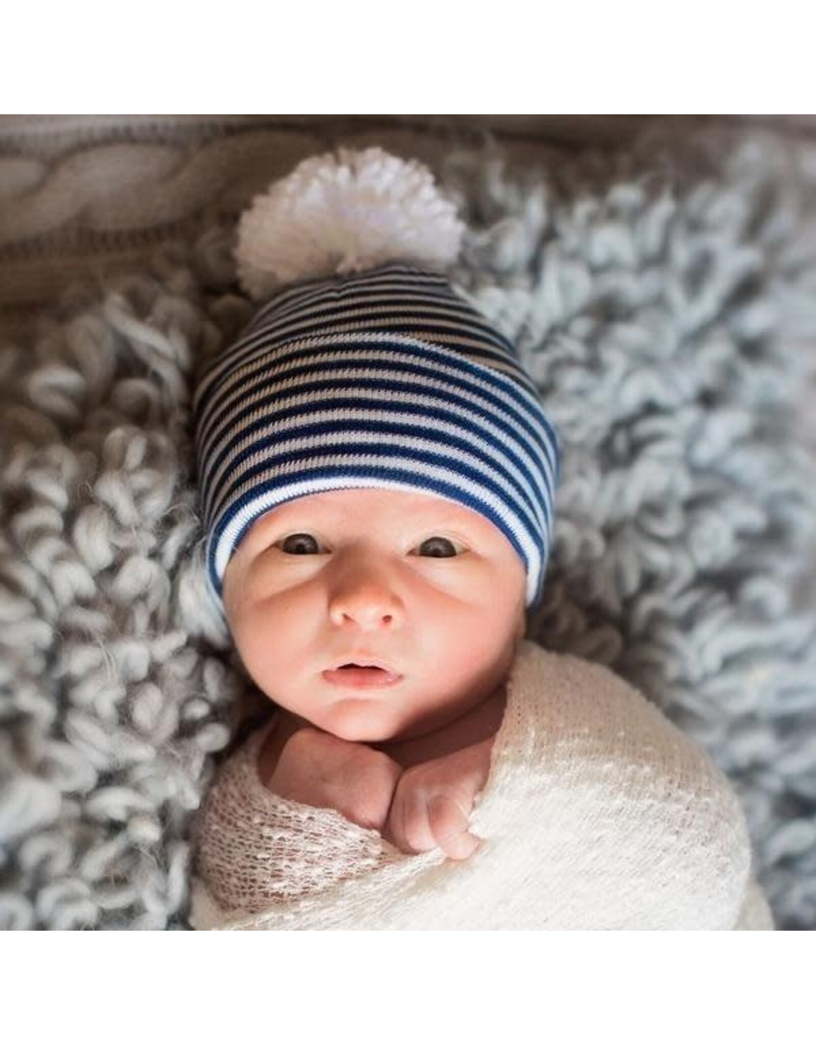 ILYBEAN Ilybean - Navy & White Striped with White Pom Nursery Beanie