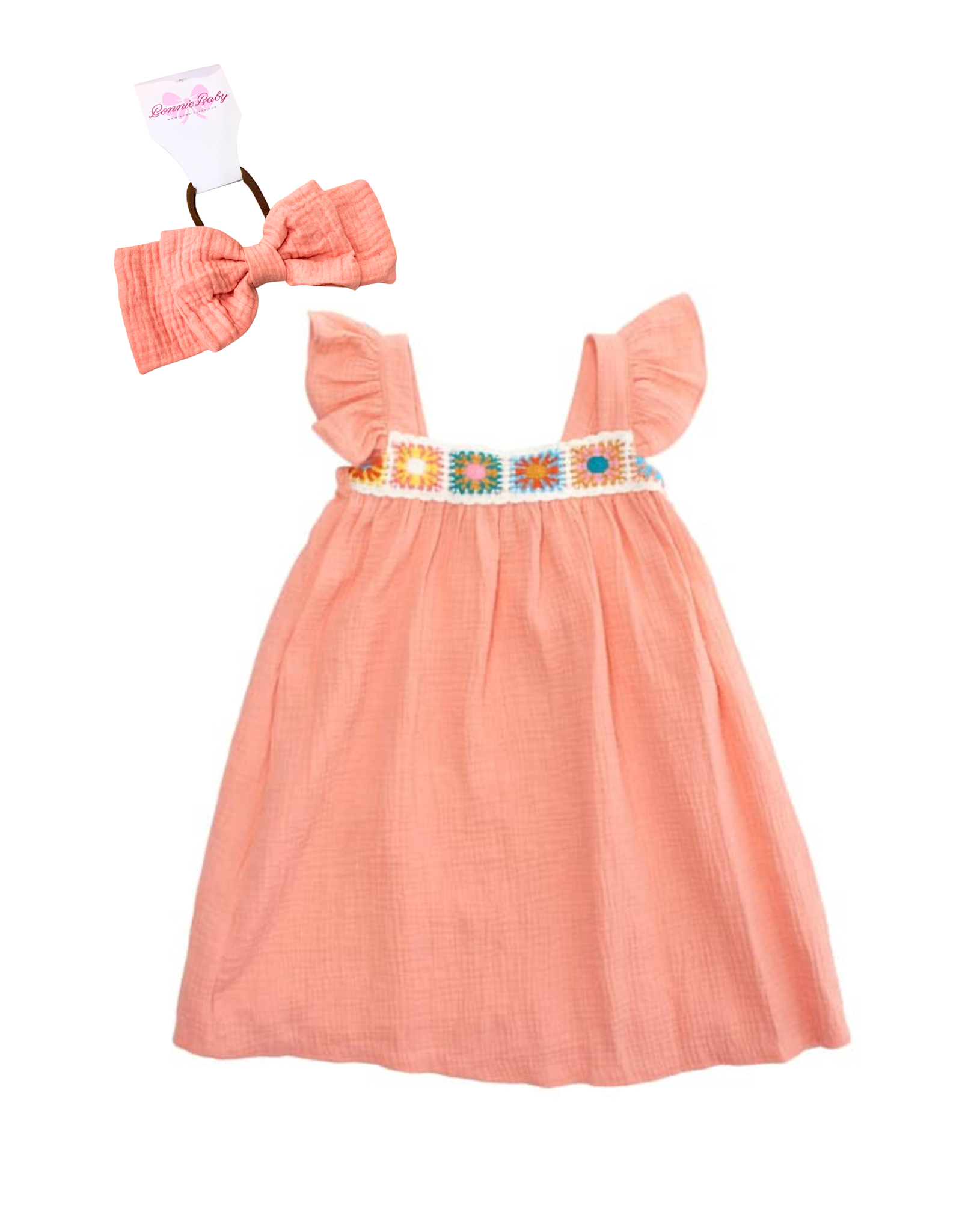 Bonnie  Jean Bonnie Jean- Coral Crochet Guaze Dress w/Bloomer & HB