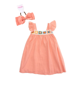 Bonnie  Jean Bonnie Jean- Coral Crochet Guaze Dress w/Bloomer & HB