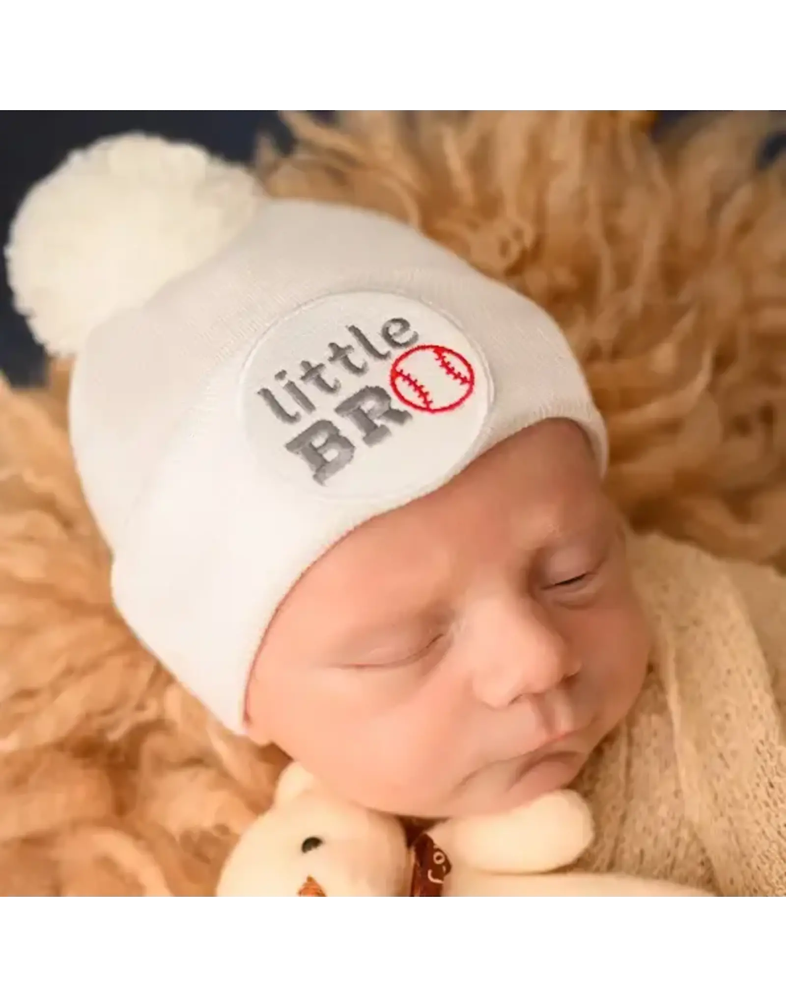 ILYBEAN Ilybean- White Little Bro Baseball Patch Pom Nursery Beanie
