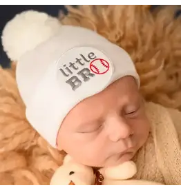 ILYBEAN Ilybean- White Little Bro Baseball Patch Pom Nursery Beanie