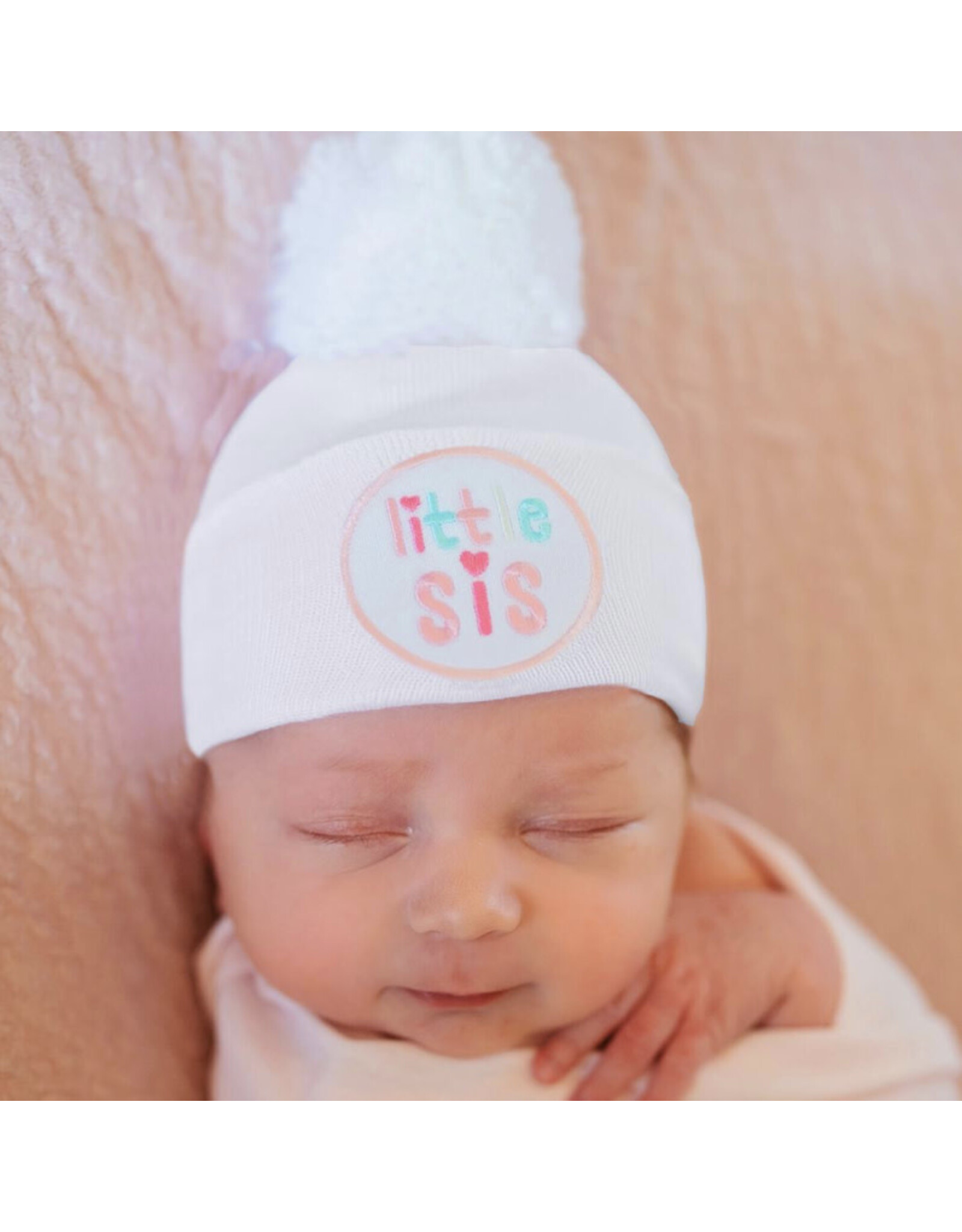 ILYBEAN Ilybean- White Little Sis w/ White Pom Nursery Beanie