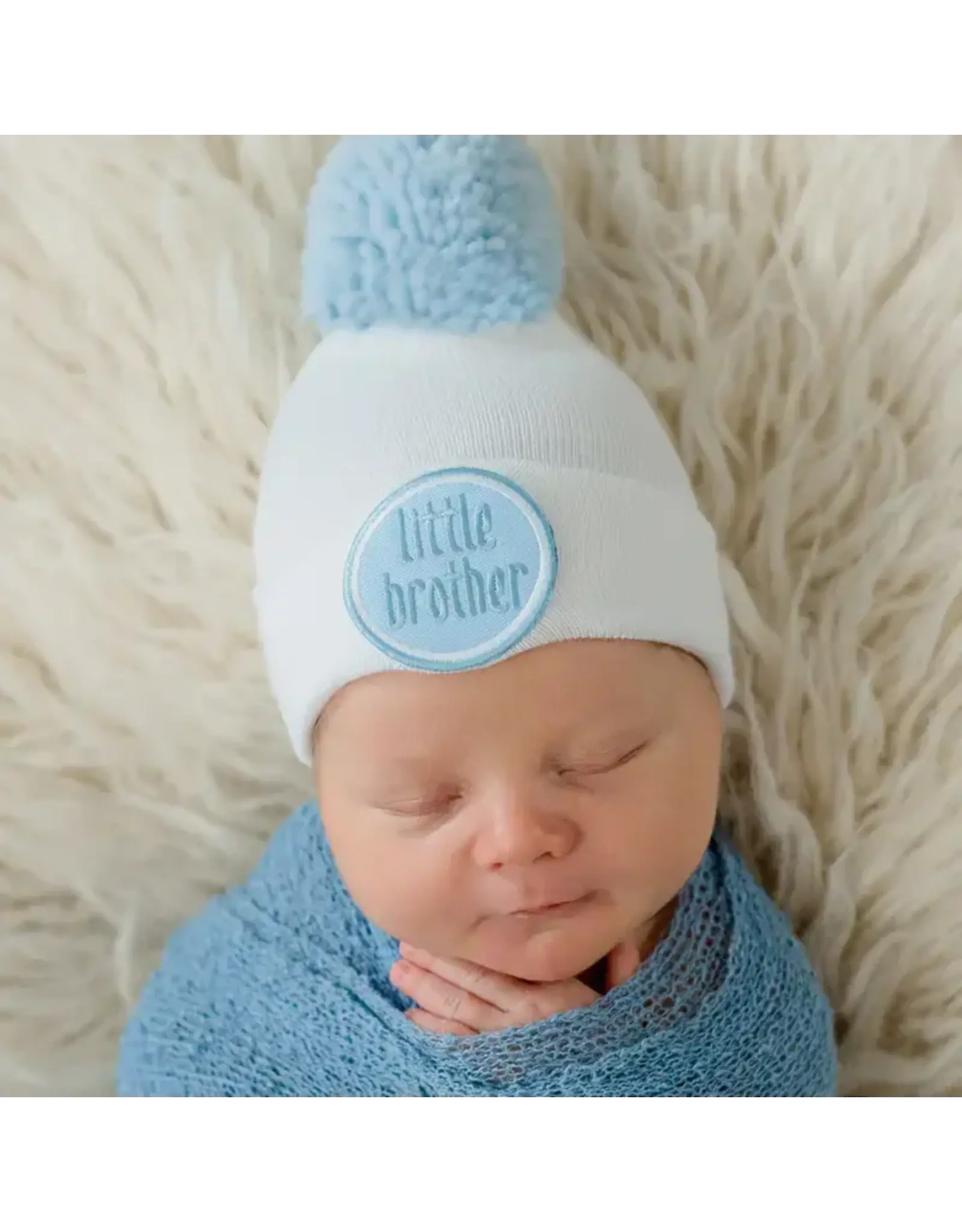 ILYBEAN Ilybean- White Little Brother w/ Blue Pom Nursery Beanie
