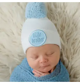 ILYBEAN Ilybean- White Little Brother w/ Blue Pom Nursery Beanie