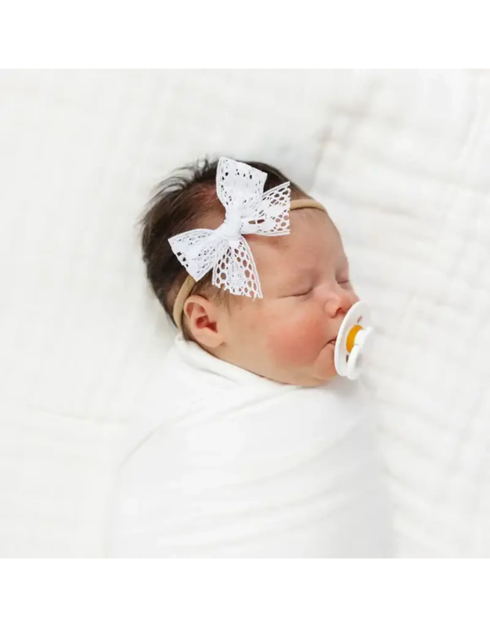 Lou Lou & Company Lou Lou- White Lace Bow on Nylon Headband