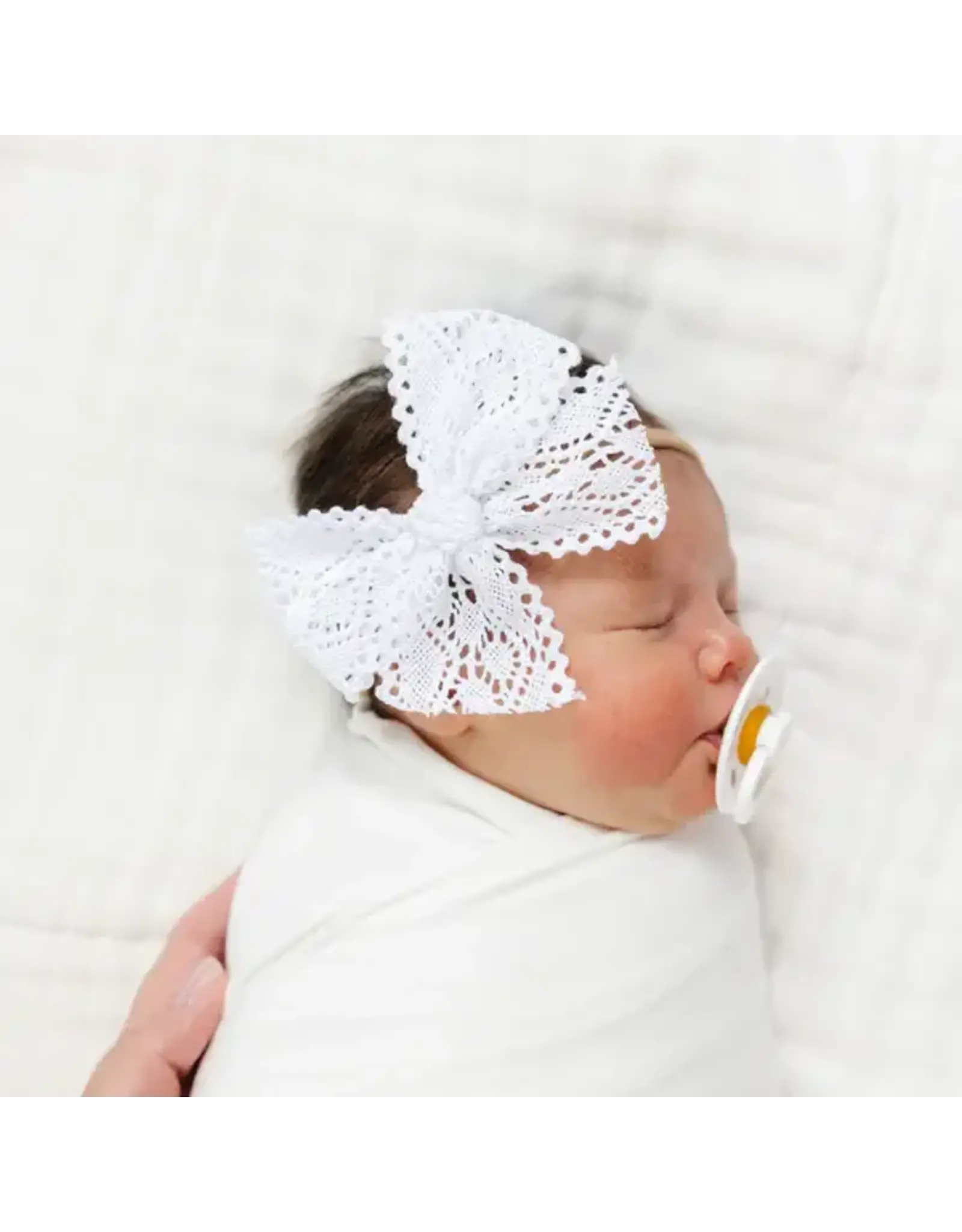 Lou Lou & Company Lou Lou- White Lace Crochet Bow on Nylon Headband