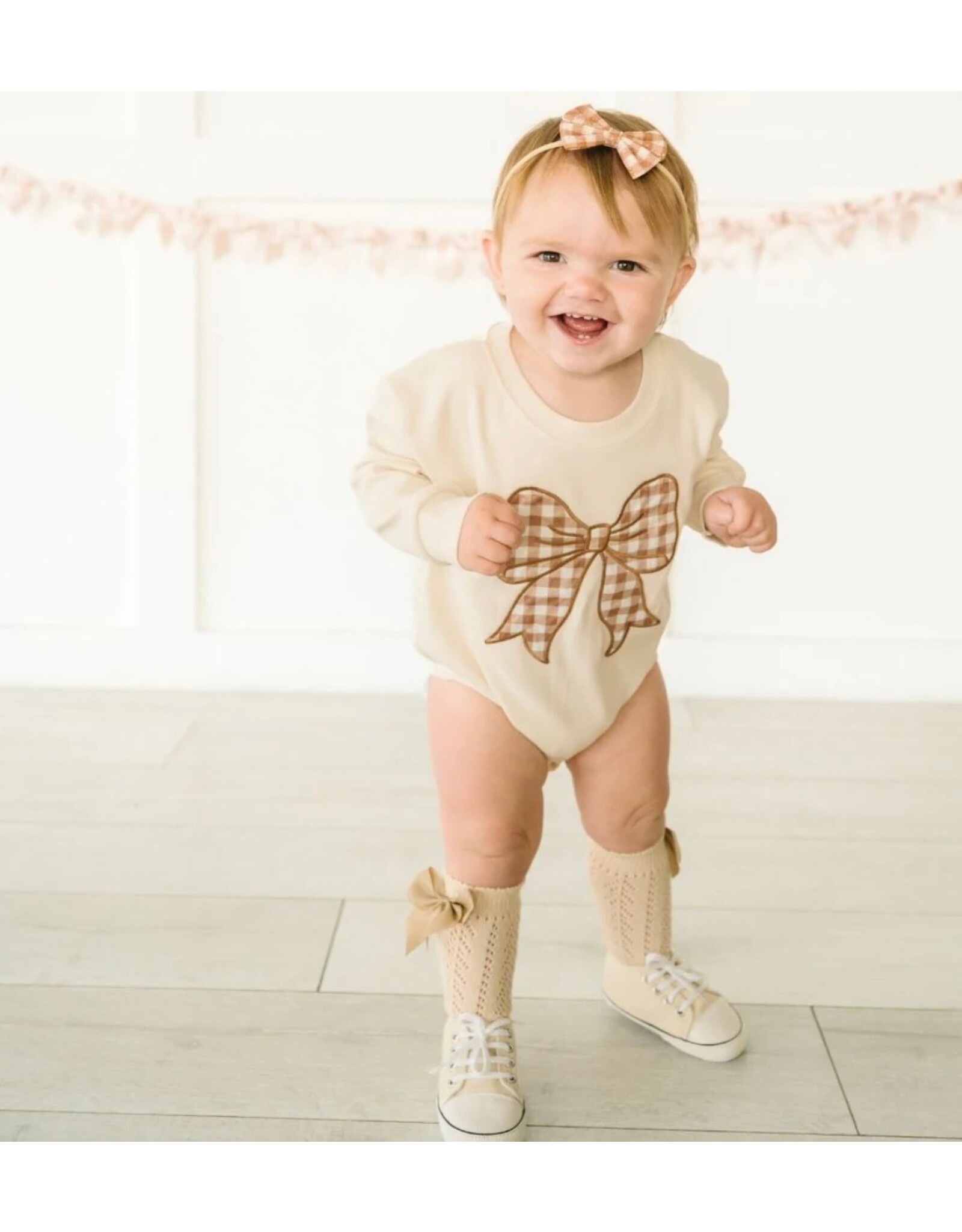 Sweet Wink- Gingham Bow Patch L/S Romper