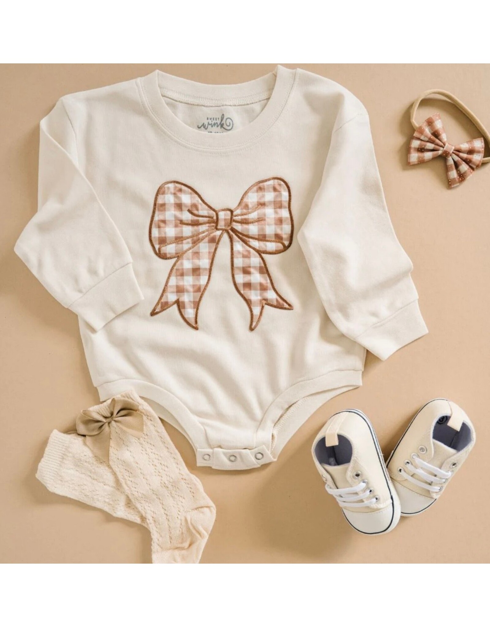 Sweet Wink- Gingham Bow Patch L/S Romper
