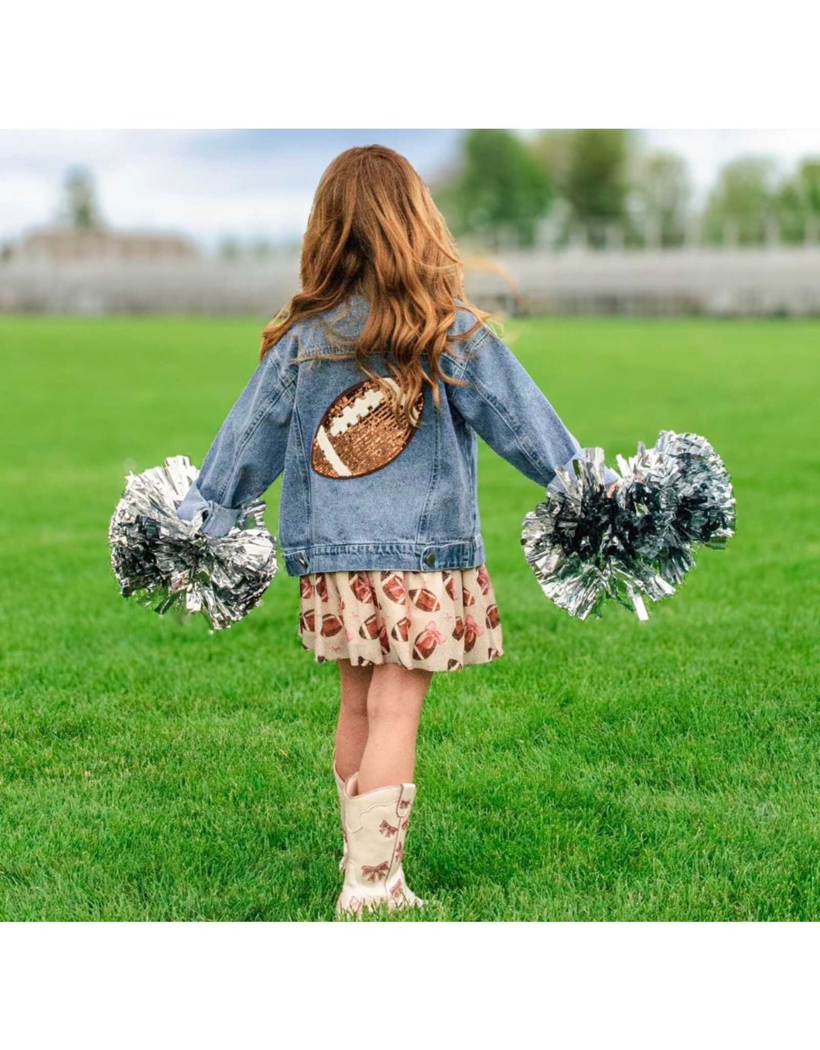 Sweet Wink Sweet Wink- Game Day Football Sequin Patch Denim Jacket