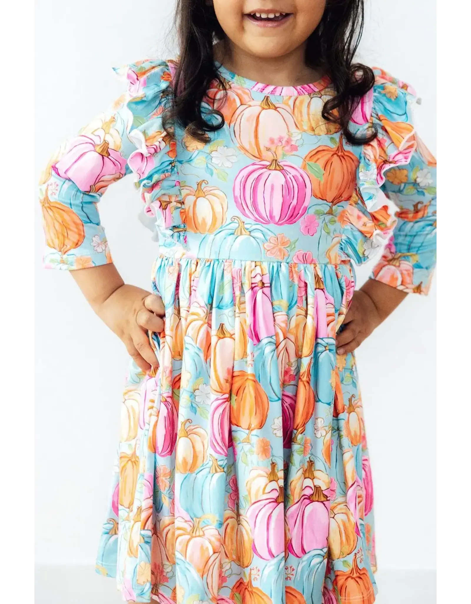 Mila & Rose Mila & Rose- Preppy Pumpkin 3/4 Sleeve Ruffle Twirl Dress