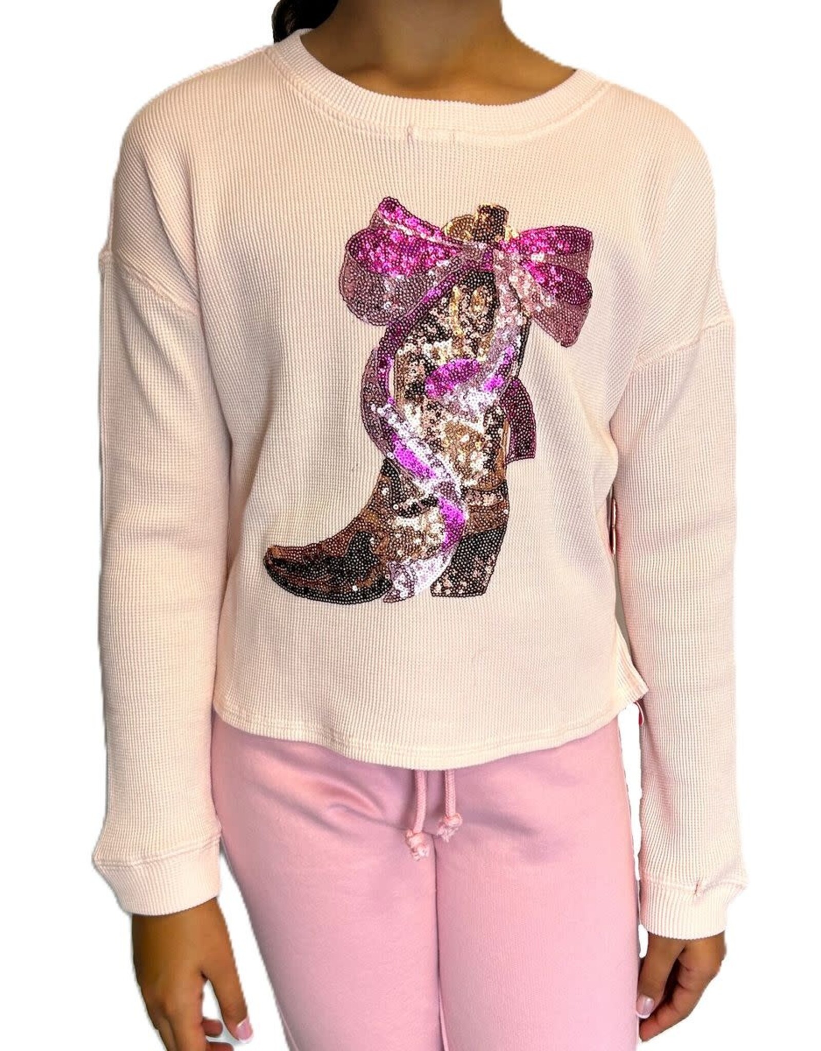 Paper Flowers- Western Boot Sequin Waffle Sweatshirt