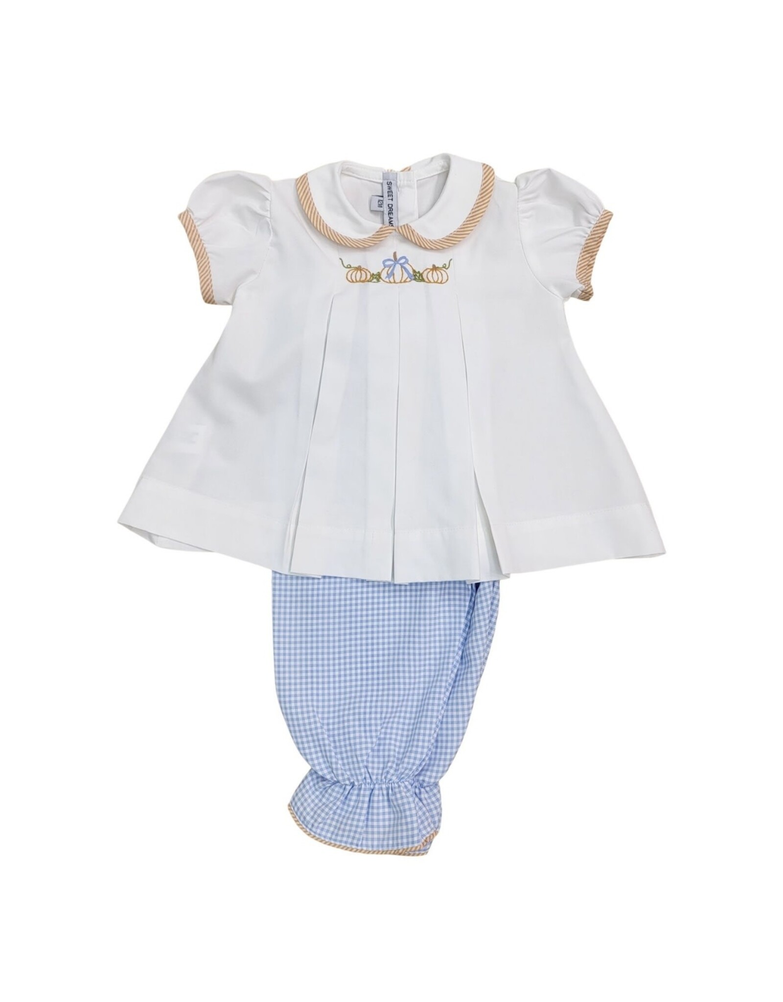 Sweet Dreams- White/Blue Gingham Emb Pumpkins Pant Set