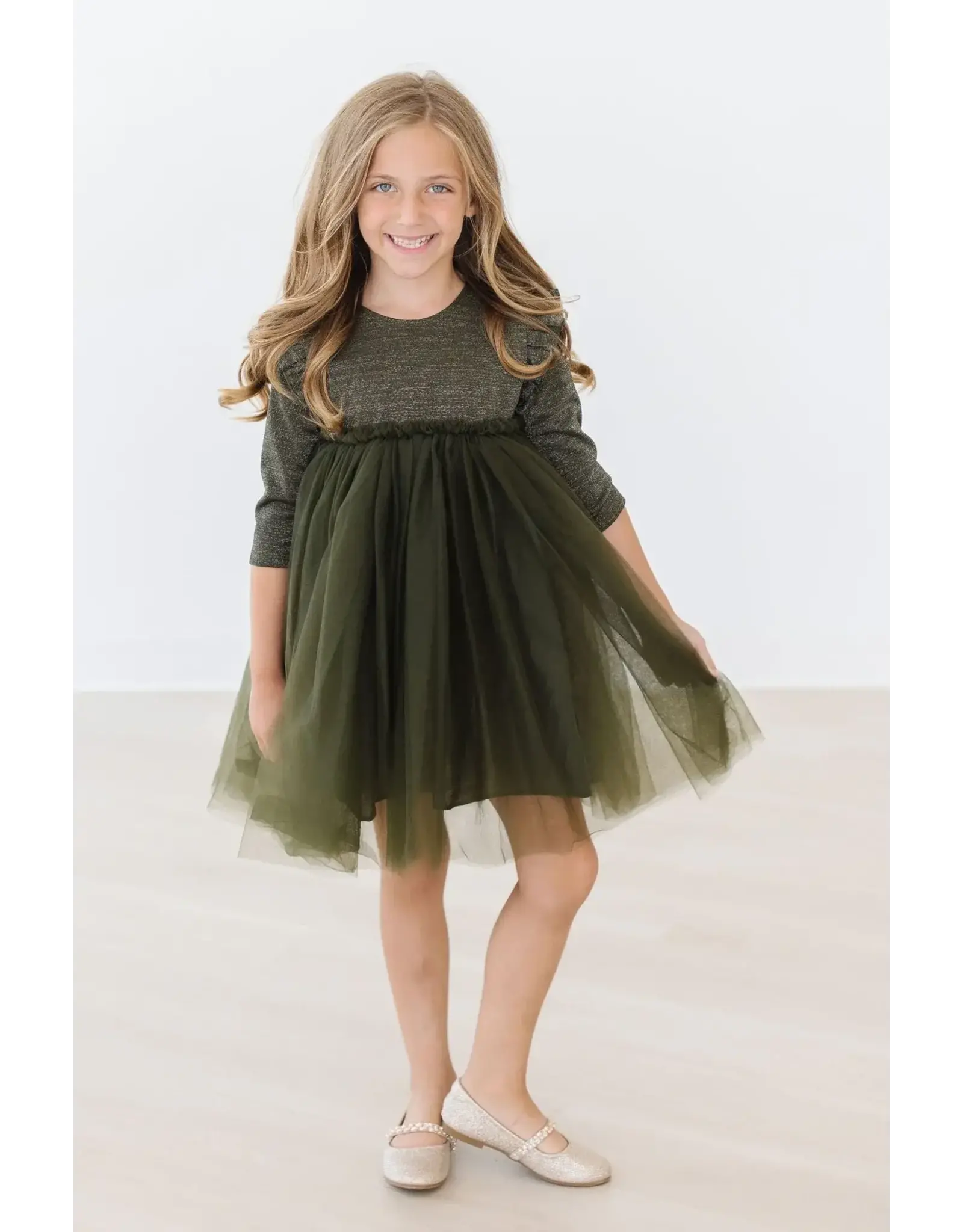 Mila & Rose Mila & Rose- Olive Shimmer 3/4 Sleeve Tutu Dress
