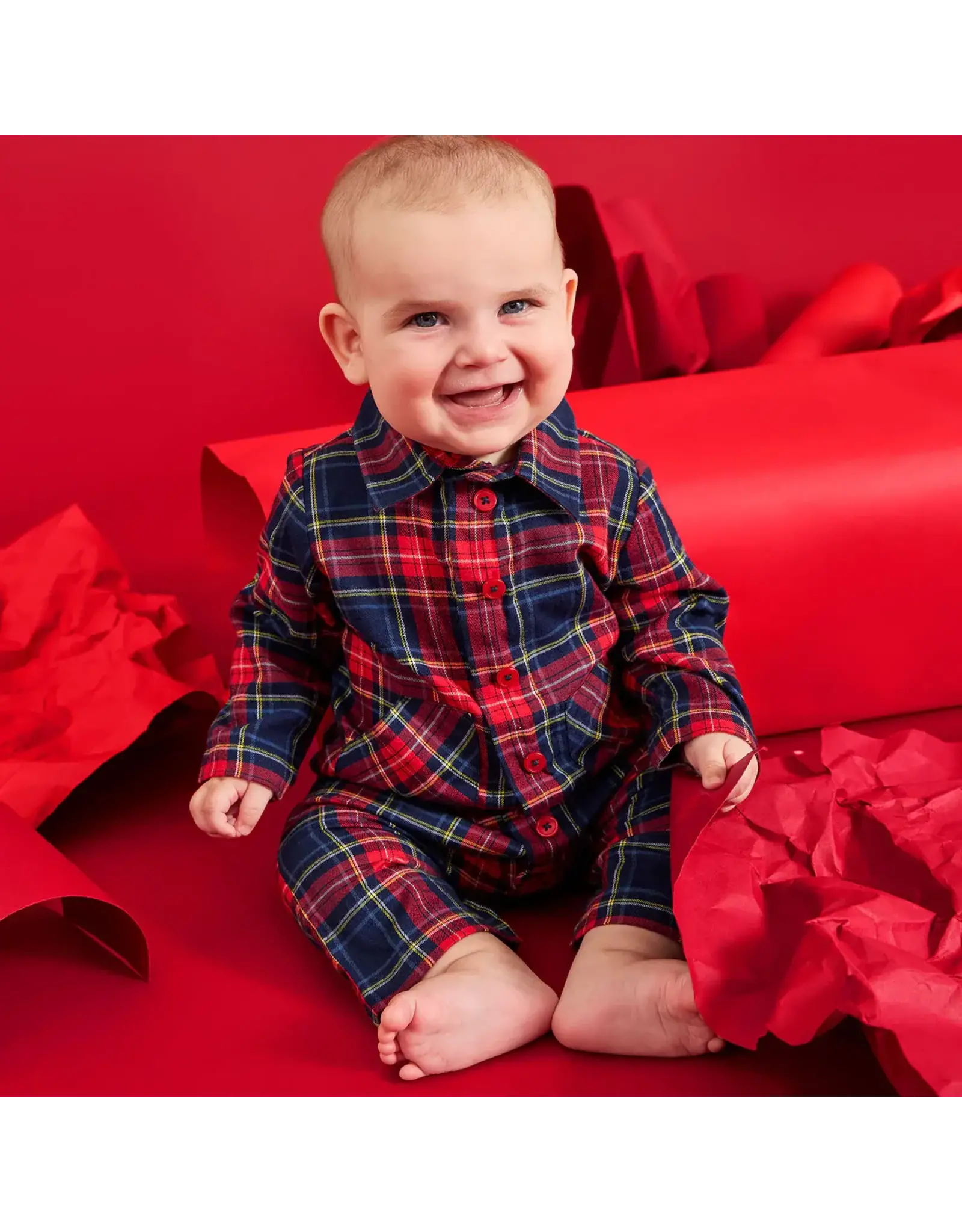 Magnetic Me Magnetic Me- Holiday Plaid Flannel Patch Pocket Magnetic Romper