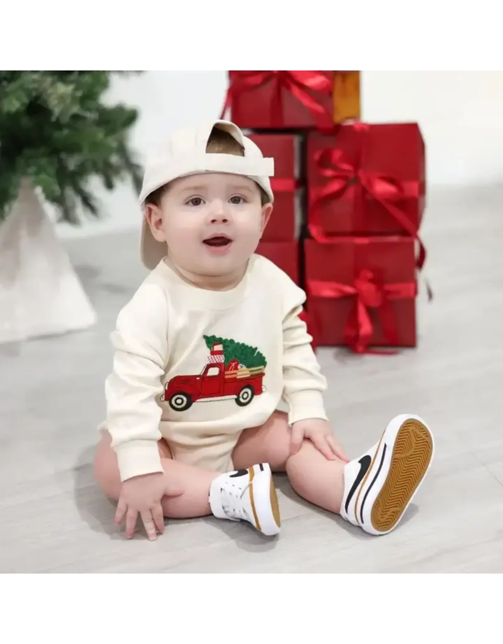 Sweet Wink- Christmas Truck PatchL/S Romper: Natural