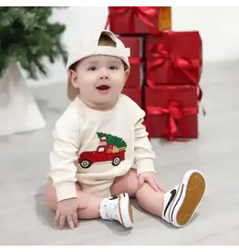 Sweet Wink- Christmas Truck PatchL/S Romper: Natural