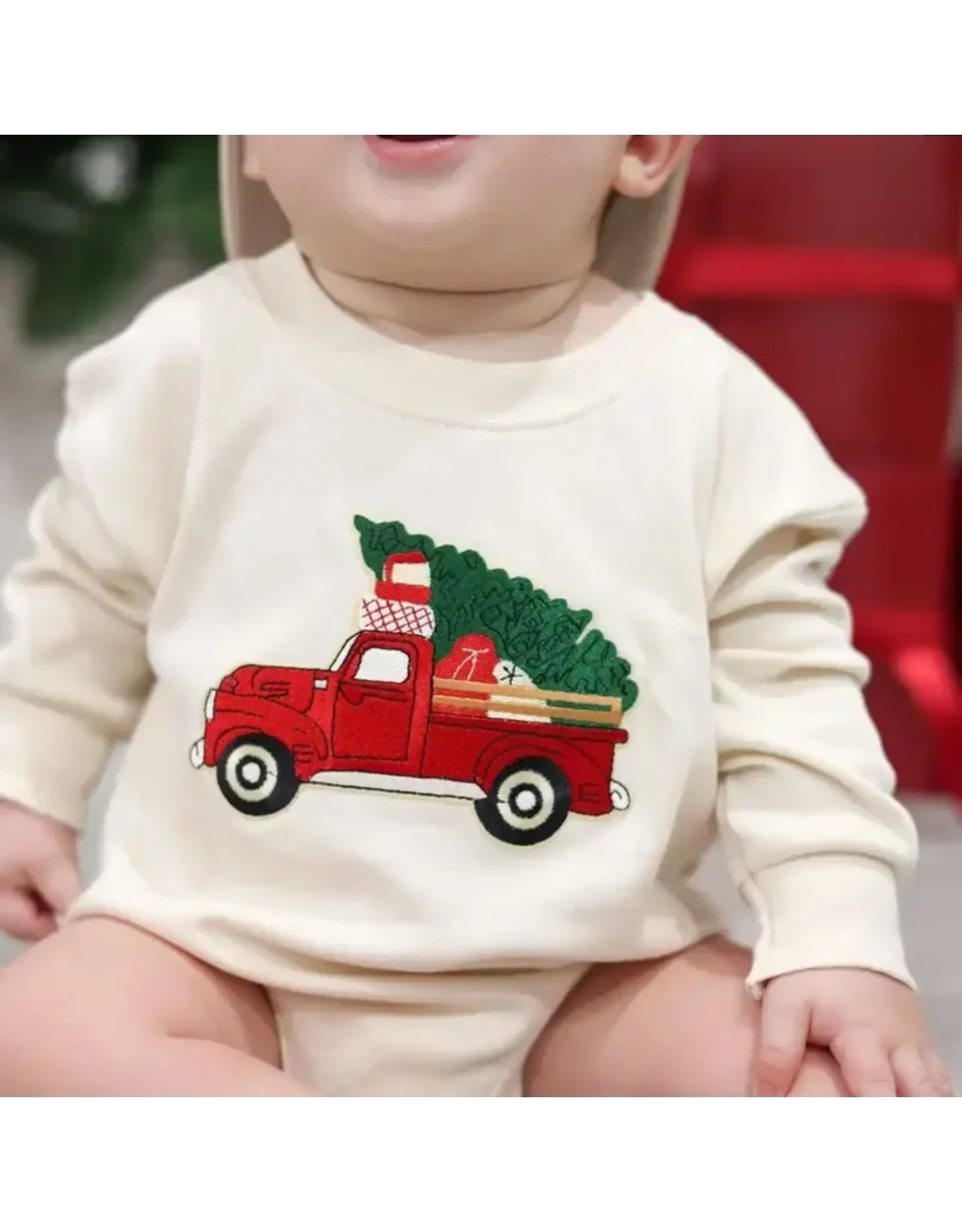 Sweet Wink- Christmas Truck PatchL/S Romper: Natural