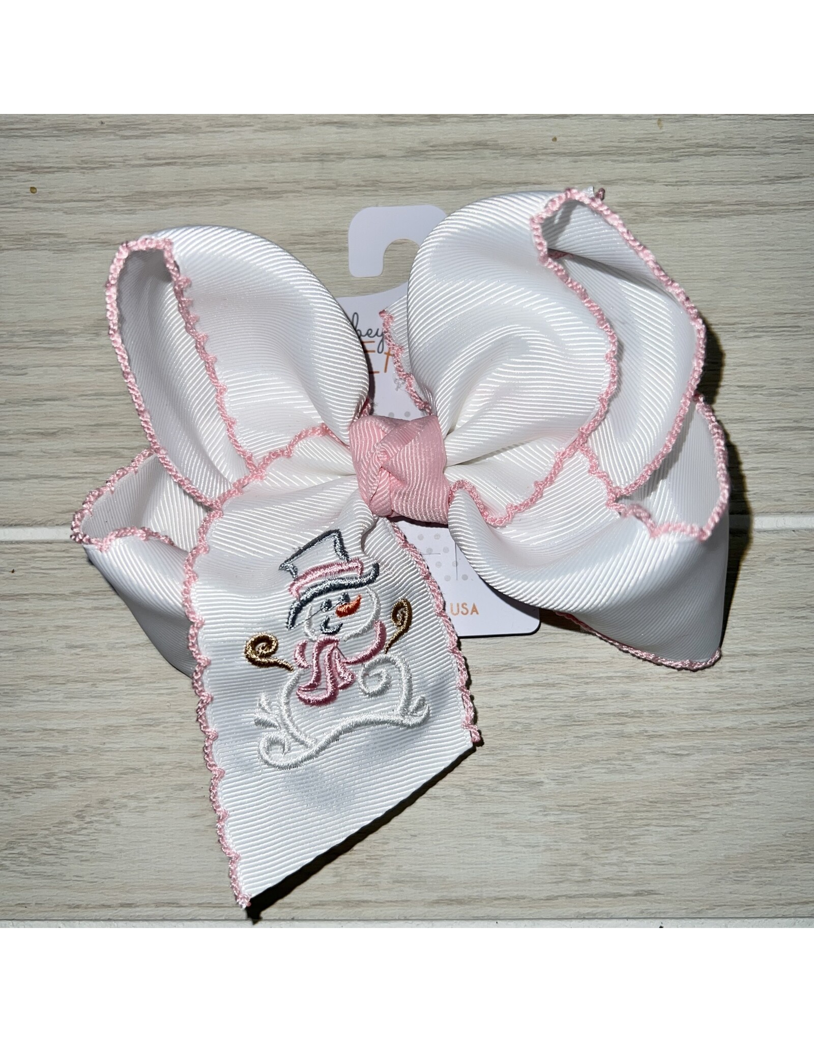 Beyond Creations Beyond Creations- Light Pink Scarf Snowman Crochet Edge 5.5" Knot Bow